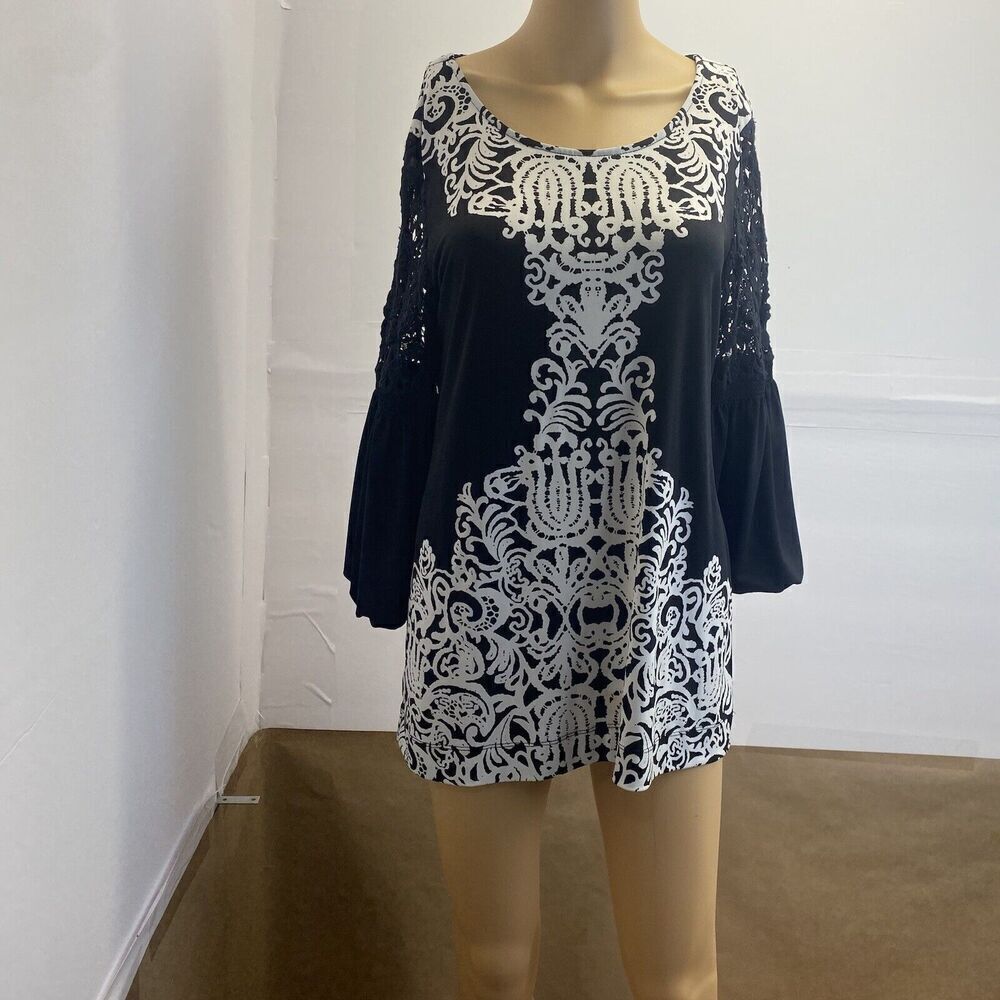 ALFANI Women Tunic Black White Floral Round Neck 3/4 Sleeve Stretch Top S Used